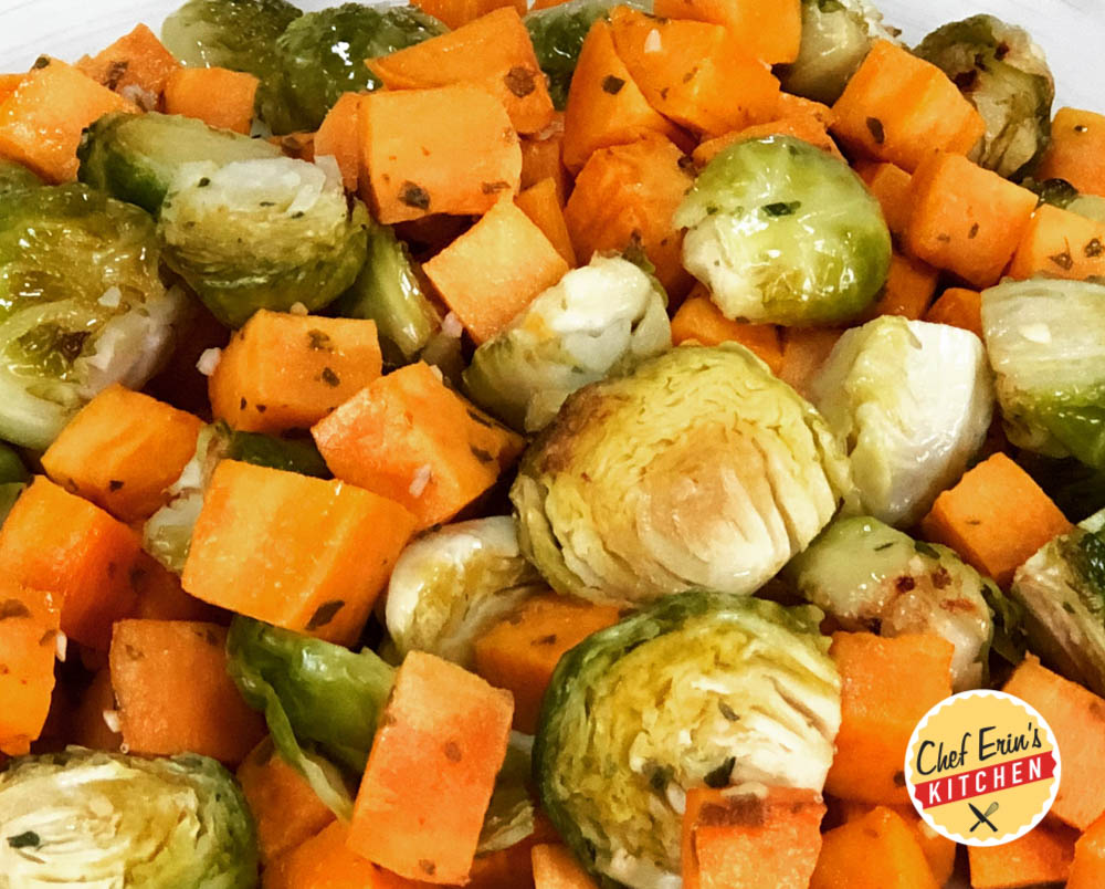 roasted sweet potatoes and brussels
